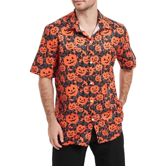 Keketopet Other - Black & Orange Mens Button Up Short Sleeve Shirt Pumpkins Halloween Size Large
